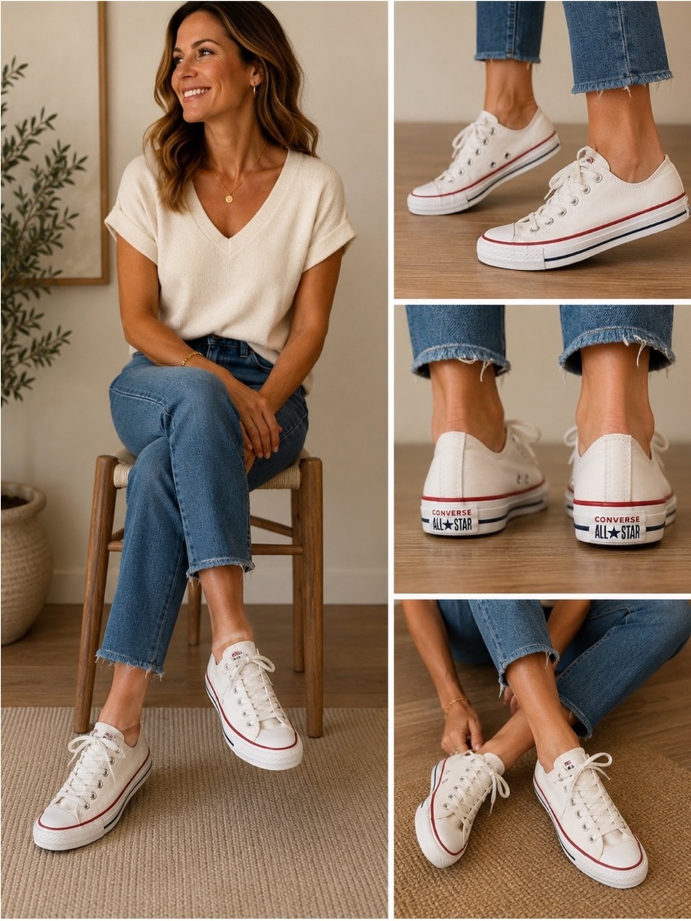 Converse All Star Low Top Canvas Sneakers - White with Red & Blue Trim
